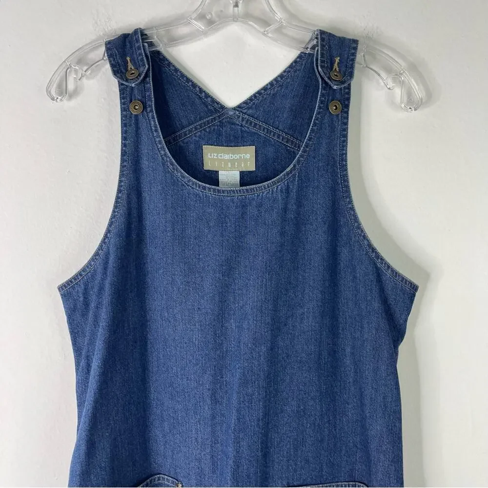 Vintage Liz Claiborne blue denim overall jean midi boho cottagecore dress small - Picture 2 of 5